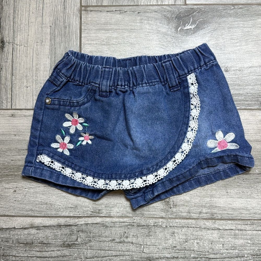 Kensie Toddler Girl Floral Embroidery Asymmetrical Overlay Jean Shorts Size 18M